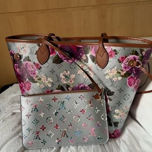Louis Vuitton Roses Neverfull MM METALLIC SILVER GRAY MONOGRAM GARDEN PARTY NWT